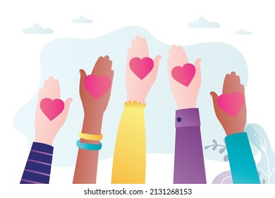 Multiethnic hands holding hearts on open palms. A call for peace and love. Movement for equality and freedom. Male and female arms. Stop war and terror. Antiwar banner. Flat vector illustration