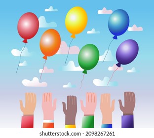  Multi-ethnic hands release balloons the color of the rainbow, the LGBT flag, into the sky. Banner, poster of PRIDE MONTH.