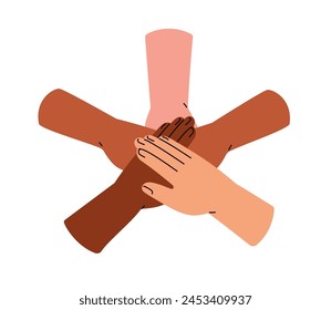 Manos multiétnicas apiladas. Equipo diverso, grupo, unidad. Personas, comunidad internacional uniéndose a las armas en solidaridad, confianza. Concepto de unión. Ilustración vectorial plana aislada sobre fondo blanco