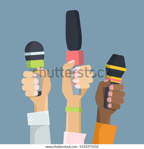 Multiethnic journalists holding microphones flat\
vector illustration. Hands with mics isolated on blue background.\
Multicultural reporters taking interview. Press conference idea,\
breaking news