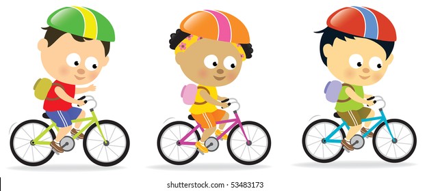 Multi-ethnic kids biking