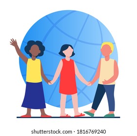 Multiethnic kids holding hands. Globe in background. World, multinational, friend flat vector illustration. Diversity and nations concept for banner, website design or landing web page