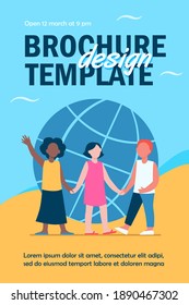 Multiethnische Kinder, die Händchen halten. Globe im Hintergrund. Welt, multinational, Freund, flache Vektorgrafik. Vielfalt und Nationen Konzept für Banner, Website-Design oder Landing-Website
