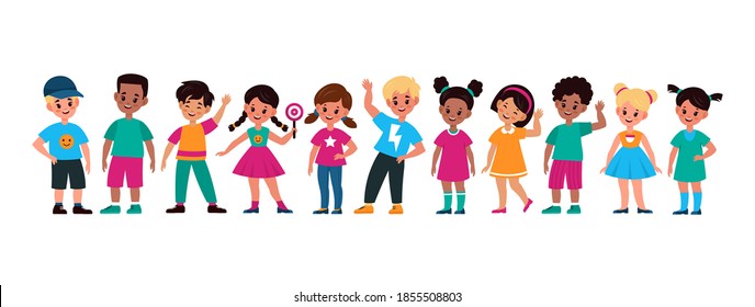 Multiethnic kids. Smiling preschool cute children boys and girls in different action poses , standing in line teenagers friends group raising hand collection vector cartoon characters of various races