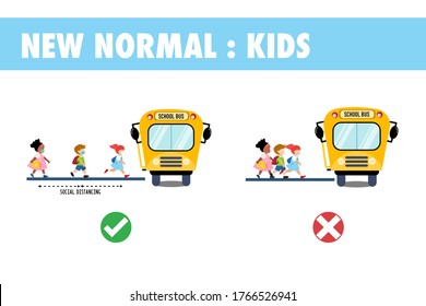 Multiethnic kids wearing face mask and keep social distancing while get on school bus. New normal and back to school concept. Flat vector illustration.