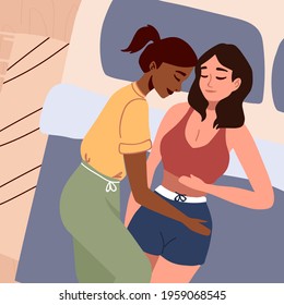 Multiethnic lesbian couple lie on bed, hug each other while sleeping. Homosexual couple lifestyle moment. Sleeping time with girlfriend, wife. LGBTQ+ character, same sex relationship, marriage