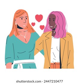 Multiethnic Lesbian Woman Couple Isolated. Young Homosexual Couple Hugging Holding Hands. Two LGBT Female People Embrace and Looking Each Other. LGBT Pride, Gender Identity. Flat Vector Illustration