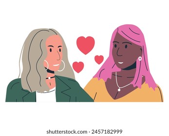 Multiethnic Lesbian Woman Couple Isolated. Young Homosexual Couple Hugging Holding Hands. Two LGBT Female People Embrace and Looking Each Other. LGBT Pride, Gender Identity. Flat Vector Illustration