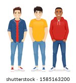 Multiethnic men friends. Three different male faces. Asian, african and caucasian standing isolated vector illustration