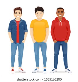 Multiethnic Men Friends. Three Different Male Faces. Asian, African And Caucasian Standing Isolated Vector Illustration