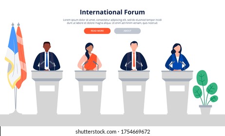 Multiethnic Men And Women Stand On The Tribunes. Politics, Debates, Or International Press Conference. Public Speaking Banner Template. Flat Vector Illustration.