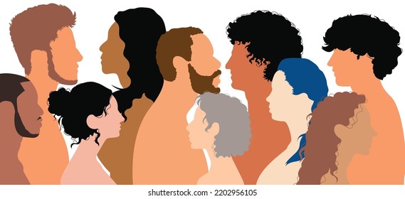 Multiethnic and multicultural cartoon heads in profile. Concepts of psychology and psychiatry. Various people and their teams. Psychotherapy and patients in treatment.