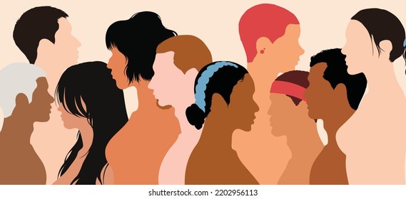 Caricatura multiétnica y multicultural de perfil. Conceptos de psicología y psiquiatría. Varias personas y sus equipos. Psicoterapia y pacientes en tratamiento.