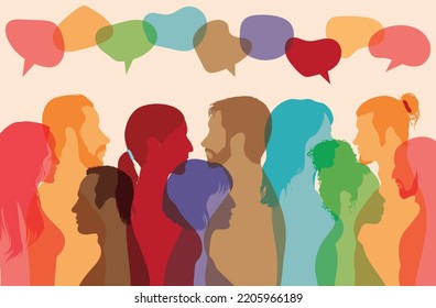Multiethnic multicultural dialogue group with vector cartoon heads. Speech bubble and share ideas. Communication concept.