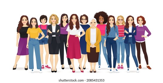 Multiethnic multicultural group of different casual business women standing together isolated vector illustration