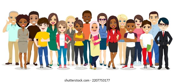 Multiethnic multicultural group of diversity and different ages people standing together. Isolated illustration of society concept