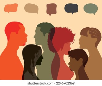 Multiethnic and multicultural people talking and dialoguing in a crowd. Vector illustration. People share ideas and communicate with each other. 