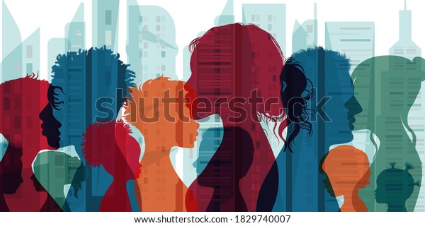 Multiethnic\
and multicultural population and society. Family community. Group\
of people diversity silhouette from the side. Crowd. Communication\
and connection people of different\
culture