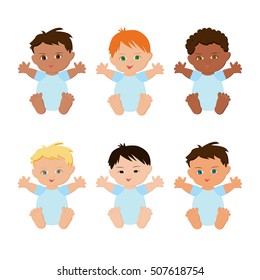 Multiethnic or multinational baby boys set isolated on white background. Cute sitting babies with different skin, eyes and hair color. Vector illustration in flat style. 