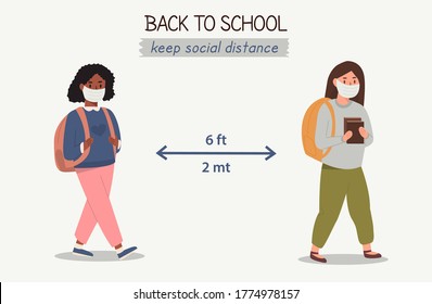 Multiethnic Multiracial Children Who Wear And Protect Themselves With Medical Masks And Respect Social Distance. Concept Of Social Distancing Between Schoolgirls. Going Back To School After Pandemic.