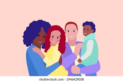 A multi-ethnic and multiracial happy family. Parents and children of different races. Mom, dad, son and daughter are posing together.