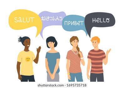 Multiethnic and multiracial relationships concept. Two happy young couples standing together and saying hello in their native languages. Vector illustration