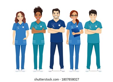 Multiethnic nurse characters group. Medical team isolated vector illustartion