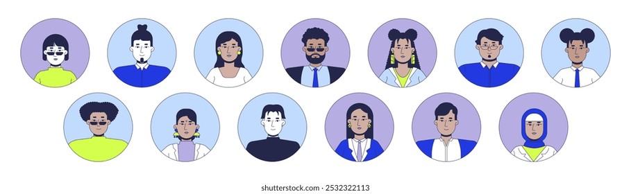 Multi-ethnic office workers 2D linear vector avatars illustration set. Diverse women men cartoon character faces portraits collection. Employees smart casual flat color user profiles images isolated