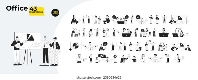 Multi-ethnic office workers black and white cartoon flat illustration bundle. Co-workers diverse adults 2D lineart characters isolated. Teamwork colleagues monochrome vector outline image collection