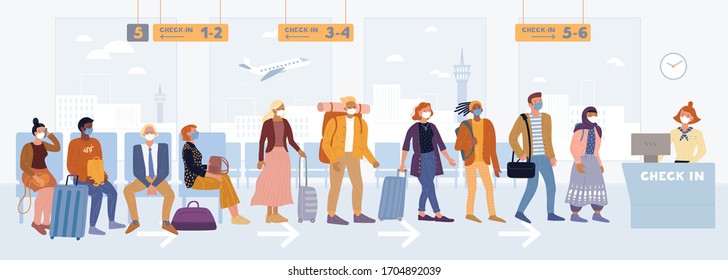 Multiethnic passengers in medical masks standing near registration desk, sitting in airport airline lounge. Men, women ready to board plane, return to homeland. Pandemic, epidemy vector illustration.