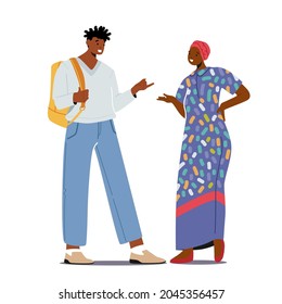 Multiethnic People African Man in Modern Clothes and Woman in Traditional Dress and Turban Talking or Speaking. Chatting Couple Meeting, Dialogue Between Friend Characters. Cartoon Vector Illustration