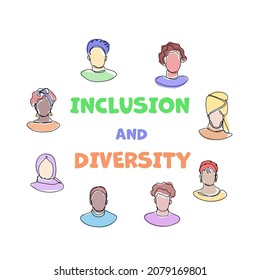Multiethnic people around the inscriptions include and diversity. One line abstract illustration