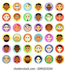 Multiethnic people avatars set in flat vector style. Smiling woman and men face round icons.