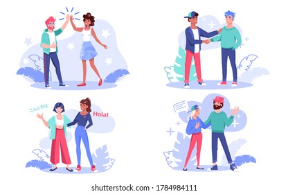 Multi-ethnic people communication concept set. Man woman friend different nationality giving high five, talking, handshaking, greeting, sharing news, having nice conversation. Friendship diversity