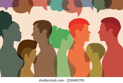 Personas multiétnicas en comunidad. Población multicultural. Burbuja del discurso.