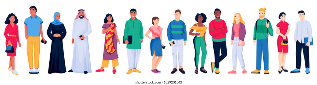 Multiethnic People Crowd Isolated On White Background. Vector Flat Cartoon Characters Illustration. Caucasian, Asian, African, Arabian Men And Women. People From All Over The World