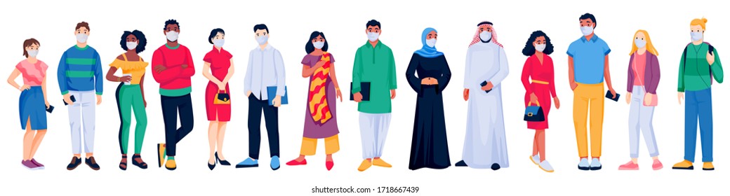 Multiethnic people crowd in protective medical masks. Vector flat cartoon characters illustration. World epidemic concept. Caucasian, asian, african, arabian men, women, isolated on white background