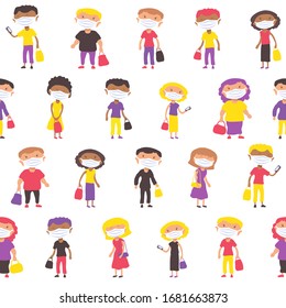 Multiethnic people with face masks line at the market. COVID-19 conceptual vector illustration. Social distancing sign. Protection from coronavirus or respiratory virus. Seamless pattern..