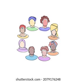 Las personas multiétnicas forman un círculo. Ilustración abstracta de una línea