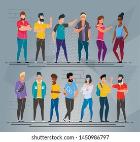 Multi-Ethnic People Freelancers Cartoon Group Set. Male and Female Flat Smiling Characters Wearing Casual or Hipster Clothes Stand in Different Pose Single, with Laptop, Backpack. Vector Illustration