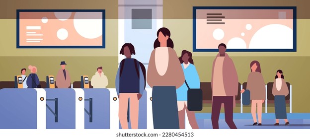 multiethnic people group at automatic fare gate of subway public transport station turnstile entrance city transportation concept