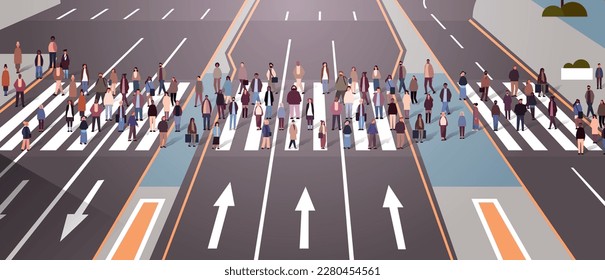 multiethnic people group crossing city street mix race men women going crosswalk horizontal