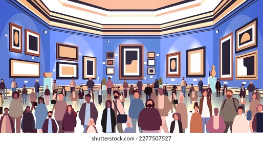 multiethnic people group mix race men women crowd in modern art gallery or museum