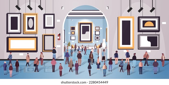 multiethnic people group mix race men women crowd in modern art gallery or museum