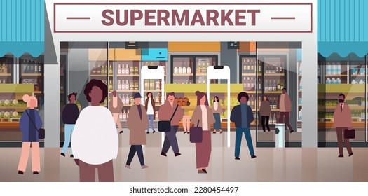 multiethnic people group mix race men women customers crowd near modern supermarket horizontal