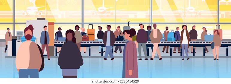 multiethnic people group mix race men women passengers at airport terminal horizontal full length