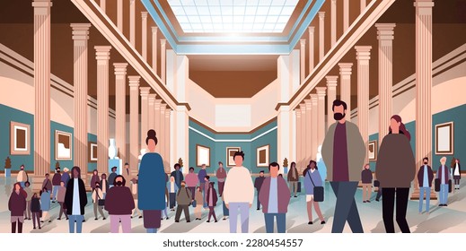 multiethnic people group mix race men women crowd in modern art gallery or museum horizontal