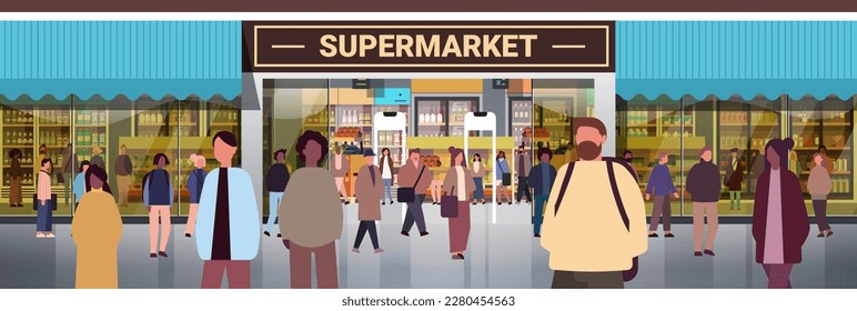 multiethnic people group mix race men women customers crowd near modern supermarket horizontal