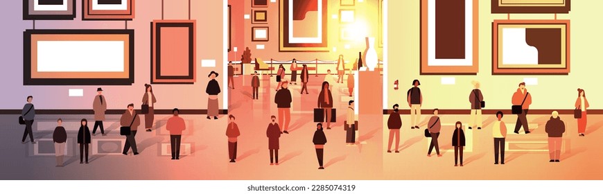 multiethnic people group mix race men women crowd in modern art gallery or museum horizontal