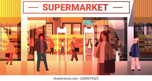 multiethnic people group mix race men women customers crowd near modern supermarket horizontal